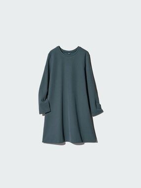 Dark Green Long-Sleeve A-Line Jersey Dress with Pockets